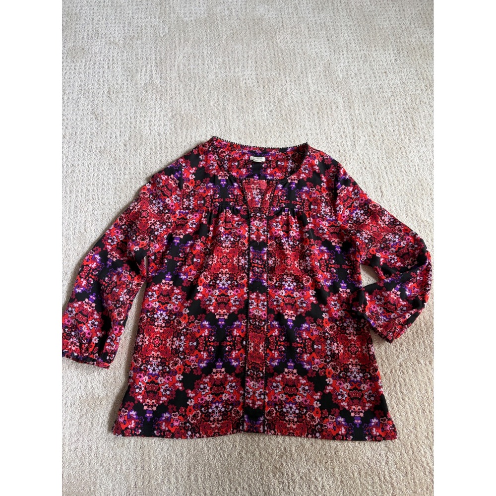 J.Crew Factory Womens Red Purple Floral Pom Pom Trim Blouse Small